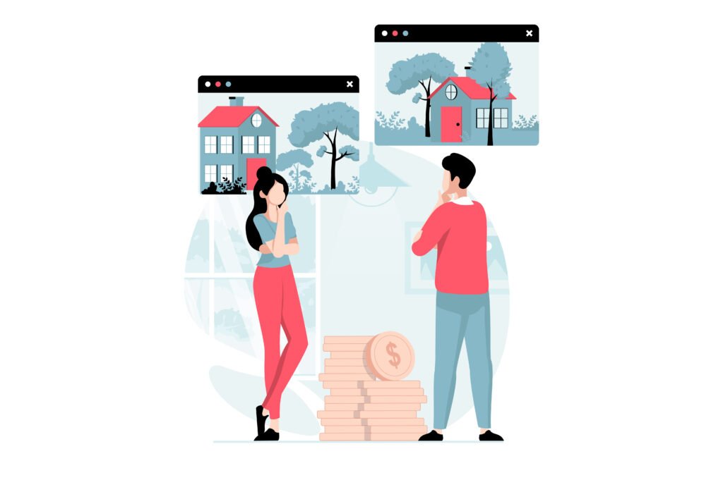 Real estate concept with people scene in flat design. Man and woman think, choose between locations to buy new house, make decision about housing. Vector illustration with character situation for web.
