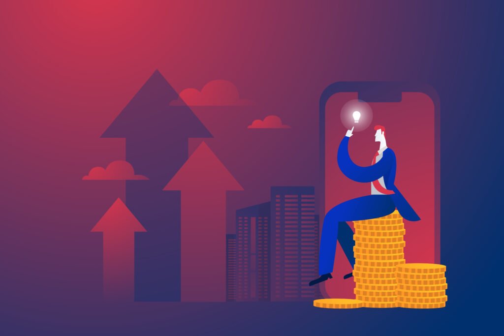 A businessman in a blue suit sits on a pile of golden coins, holding up a glowing light bulb. Behind him, a smartphone screen and arrows pointing upward symbolize financial growth and innovation.