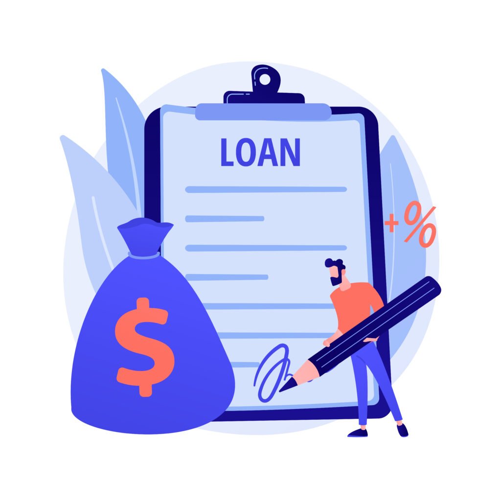 Illustration of a loan agreement with a large money bag and a person signing the document with a giant pen. The concept represents financial agreements, loan contracts, and interest rates.