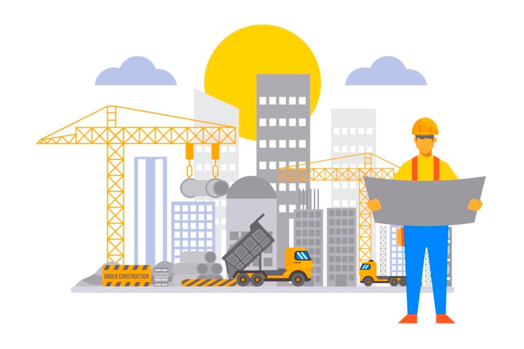 Construction & Development: Worker with blueprints at an active construction site with cranes, buildings, and vehicles under the sun.