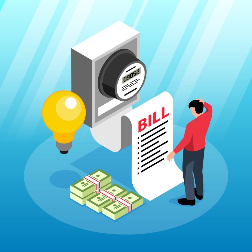 An isometric illustration of a man looking at a large electricity bill with a worried expression. The image features an electric meter, a glowing light bulb, and stacks of money symbolizing high energy costs.