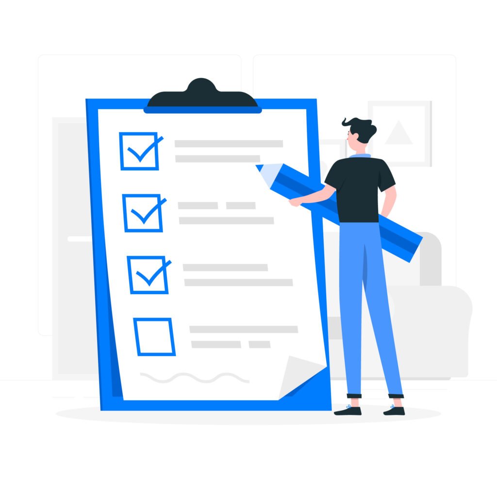 An illustration of a person holding a large pencil, standing next to a giant checklist clipboard with several items checked off.