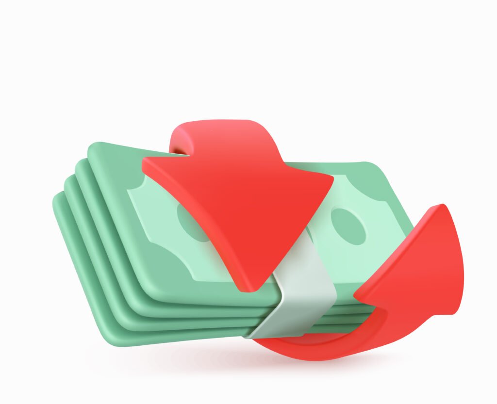 A 3D illustration of a stack of green banknotes wrapped with a red arrow circling around, symbolizing money exchange, cash flow, or financial transactions.