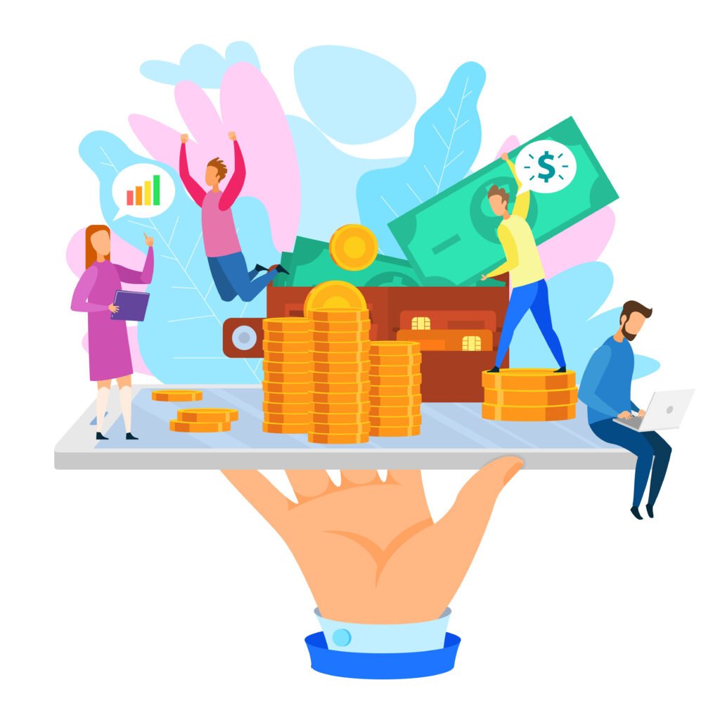 A large hand holds a platform with people celebrating, working on laptops, and stacking gold coins. The background features cash bills, charts, and leaves, representing wealth and financial prosperity.