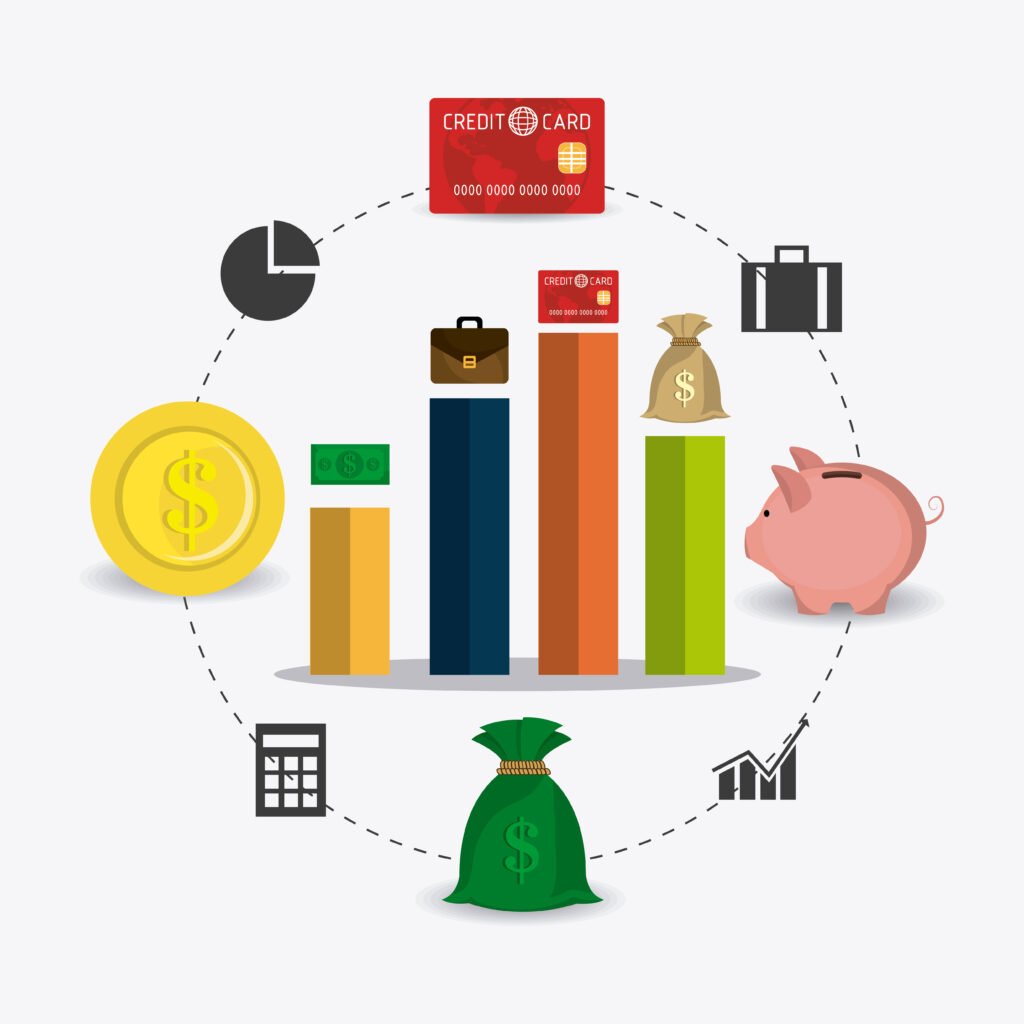 A colorful financial infographic featuring bar charts, a piggy bank, coins, a credit card, and other financial icons representing investment, savings, and money management.