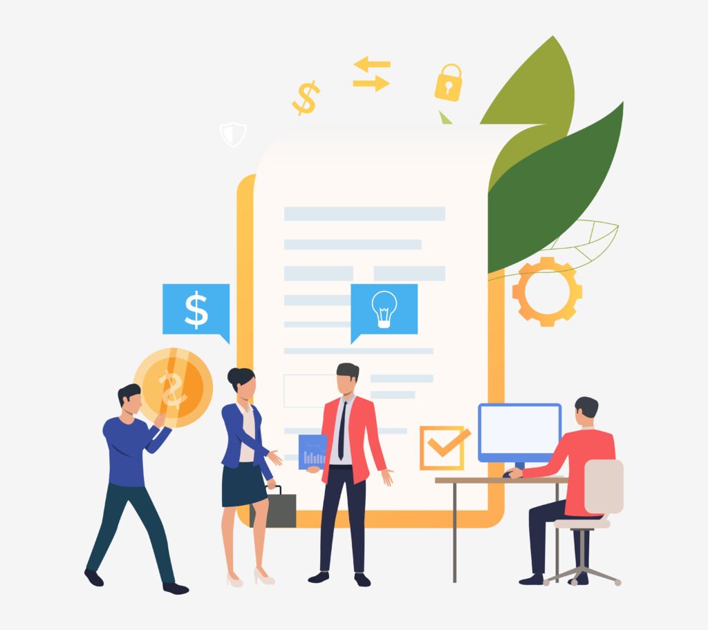 A group of businesspeople discuss a large document, surrounded by financial icons like coins, light bulbs, and security locks. The scene represents loan applications and financial agreements.