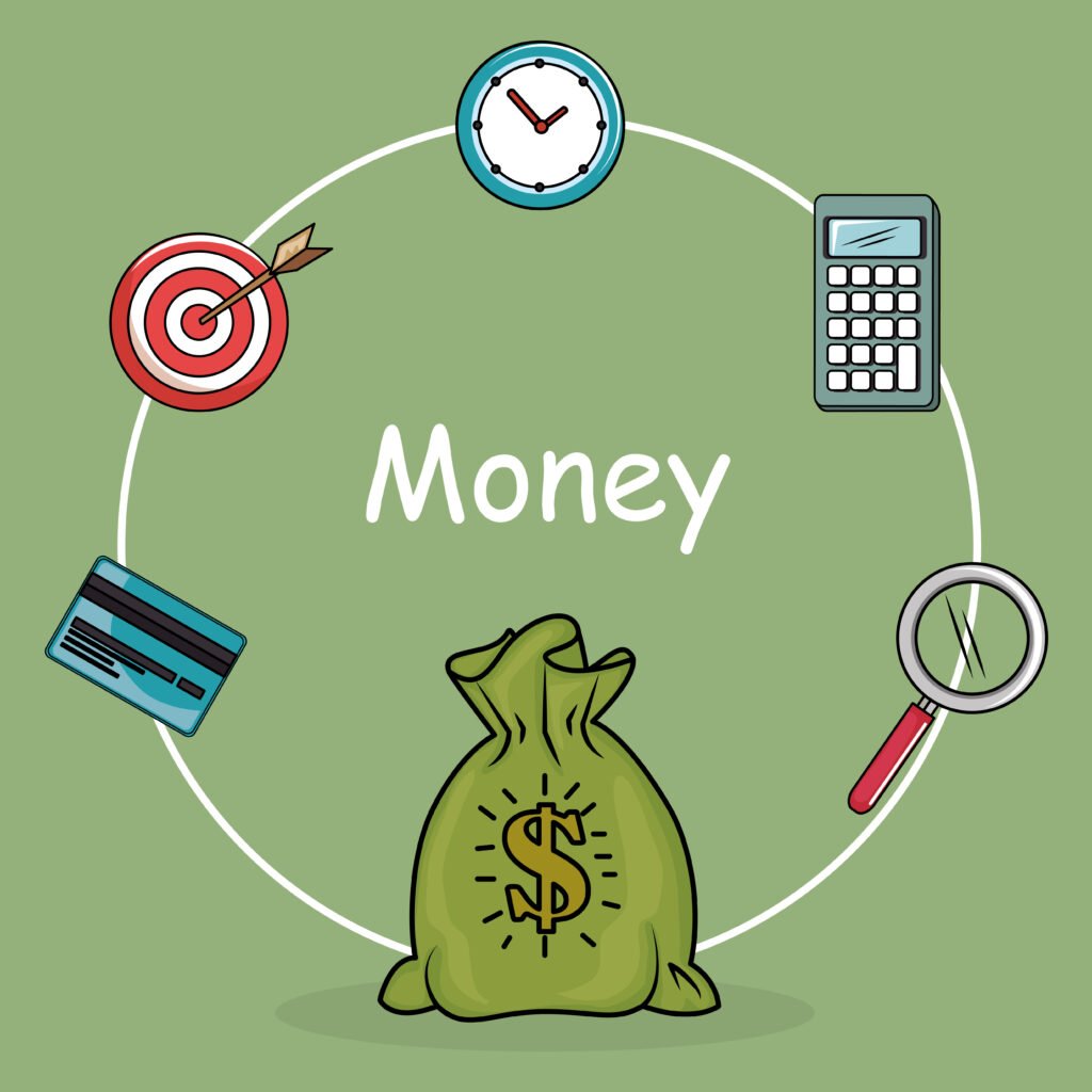 A green money bag with a dollar symbol is at the center, surrounded by financial-related icons like a clock, calculator, target, credit card, and magnifying glass. The word "Money" is prominently displayed in the middle.