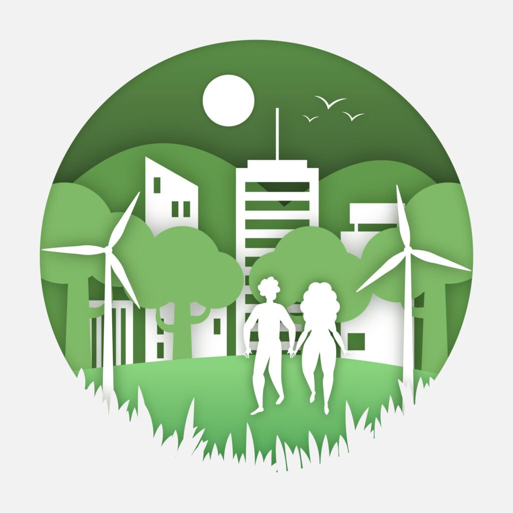 Sustainable City: Eco-friendly city with wind turbines, trees, buildings, and a couple symbolizing harmony with nature.
