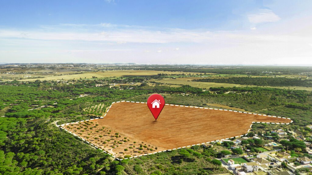An aerial view of a piece of land outlined in white, marked with a red location pin featuring a house icon, indicating property for sale or real estate development.