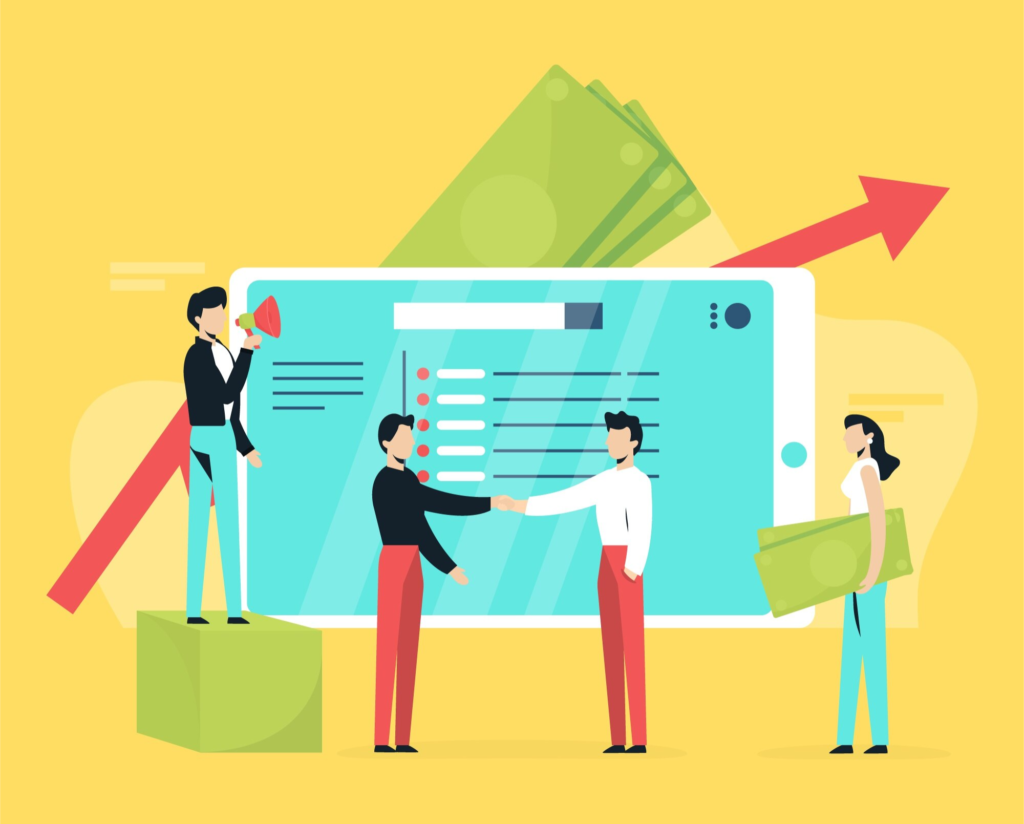 An illustration of a digital business transaction with people shaking hands, a large screen displaying data, and financial symbols like cash and an upward arrow, suggesting growth or partnership.