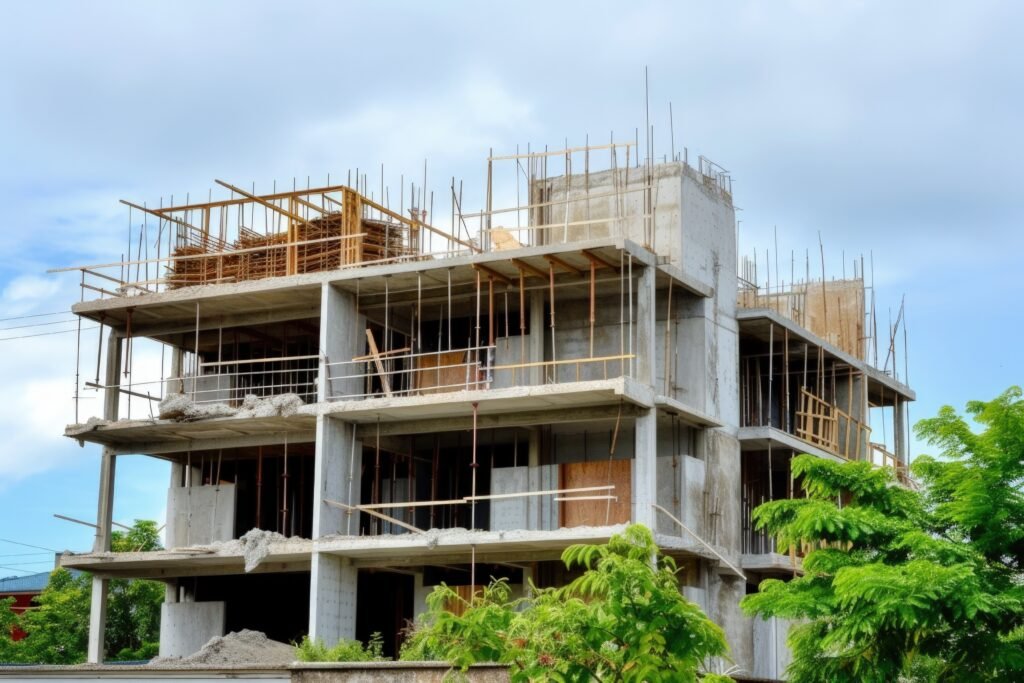 A modern construction site showing a multi-story concrete building under construction. Wooden scaffolding and metal rods are in place, with greenery surrounding the site.