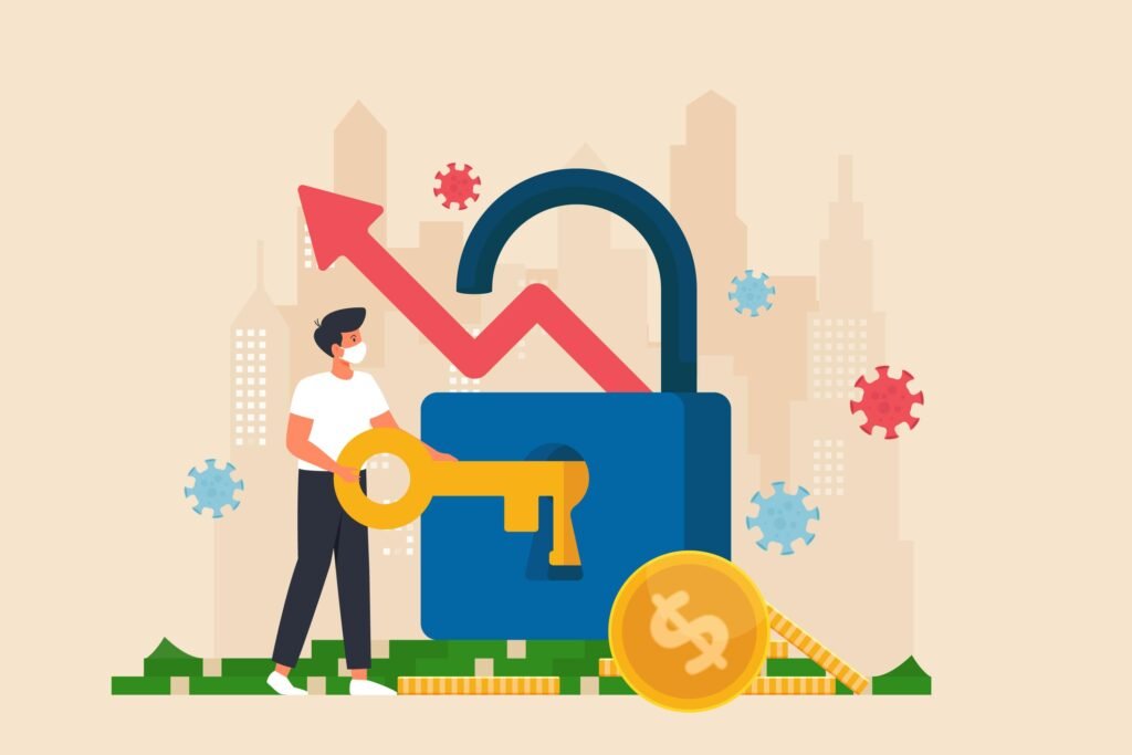 An illustration of a man wearing a face mask holding a large golden key, unlocking a big blue padlock. A red upward-trending arrow emerges from the lock, symbolizing economic recovery or growth. The background features a cityscape with virus particles, stacks of money, and gold coins, suggesting financial recovery after a crisis like.