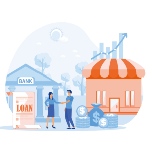 An illustration showing a bank and a small business, with a loan document prominently displayed. A woman and a man are shaking hands, symbolizing loan approval. There are stacks of coins, a money bag, and a growth chart in the background, indicating business growth or investment.