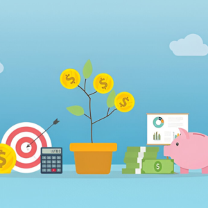 An illustration of a plant with coins as leaves, surrounded by a target with an arrow, a piggy bank, stacks of money, and financial charts — representing goal-oriented investment and saving strategies.
