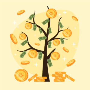 A stylized illustration of a "money tree" with golden coins and paper currency growing from its branches. Coins are also seen falling from the tree, and stacks of coins are placed at the base. The background is light yellow with sparkling effects, symbolizing financial prosperity, wealth generation, or cryptocurrency investment.