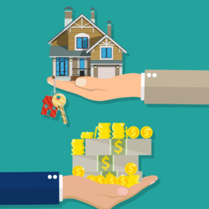 Hands holding money and a small house with keys. Represents home loans, property investment, and financial transactions.