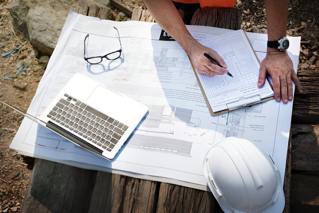 A construction site planning scene with an engineer or architect writing on a clipboard, surrounded by a laptop, blueprints, a pair of glasses, and a white hard hat, all set on a rustic wooden surface.