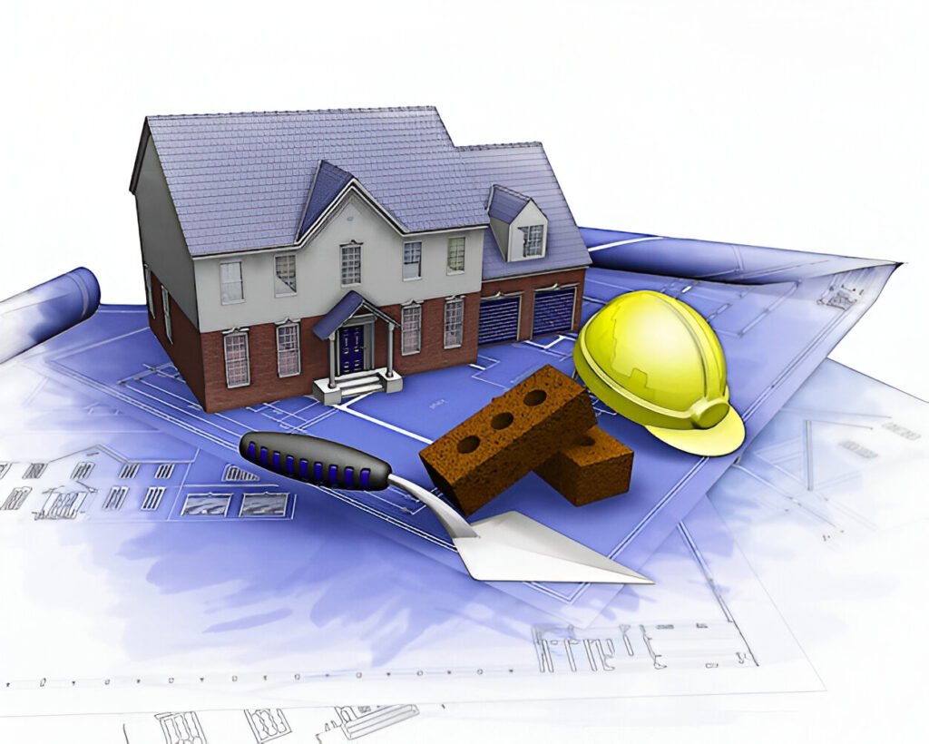 A 3D-rendered illustration of a house model placed on top of architectural blueprints, accompanied by construction tools including a trowel, bricks, and a yellow hard hat.