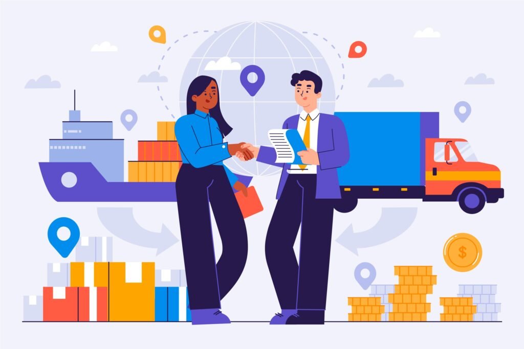 Illustration of two business professionals shaking hands in front of a global logistics background with a cargo ship, truck, and stacks of goods.