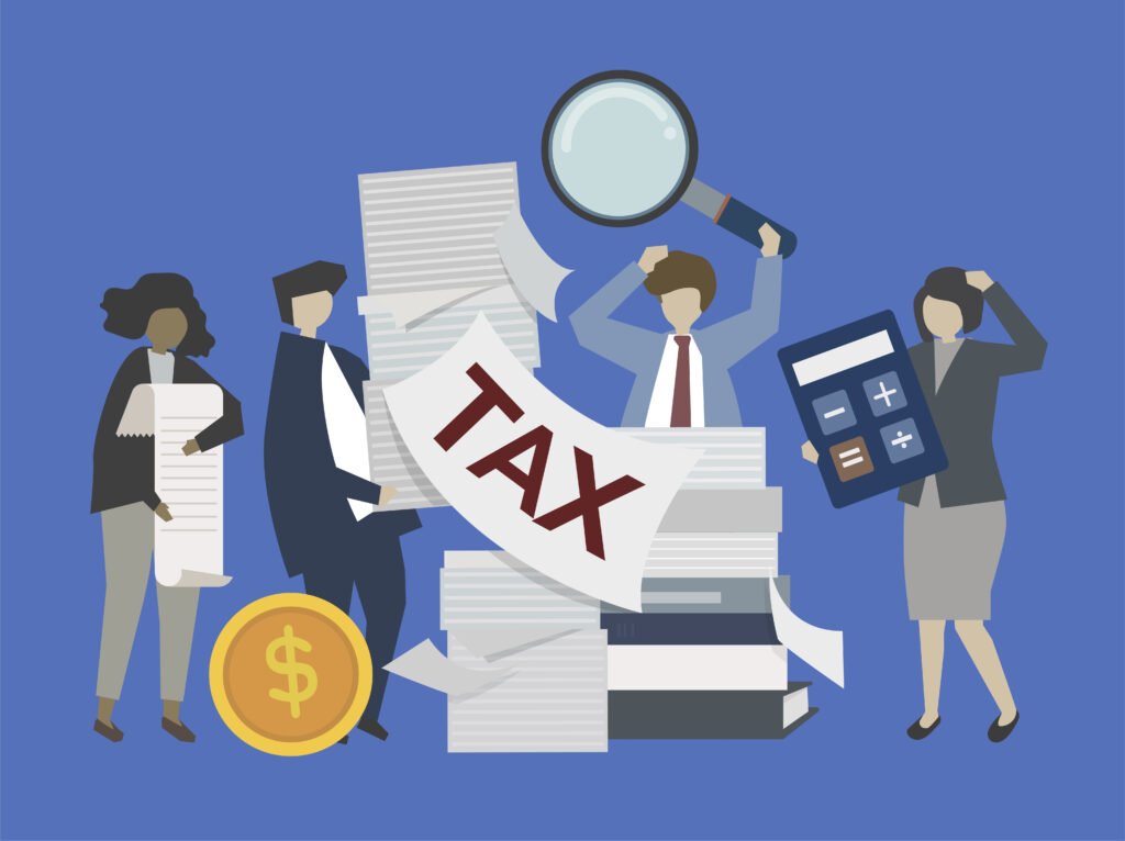 Illustration of people overwhelmed with tax paperwork, surrounded by stacks of documents, a magnifying glass, a calculator, and a large "TAX" banner.