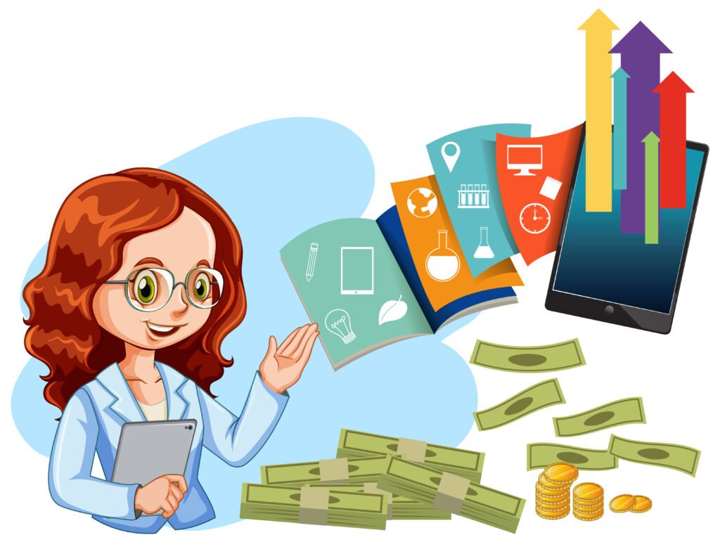 Illustration of a smiling businesswoman with glasses holding a tablet, surrounded by books, currency notes, coins, and a tablet showing upward growth charts.