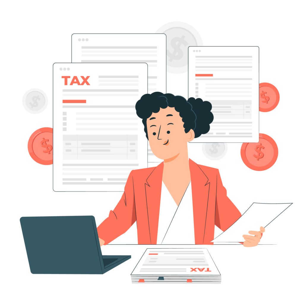 Illustration of a woman in a coral blazer working on taxes at a desk, surrounded by tax documents and a laptop.