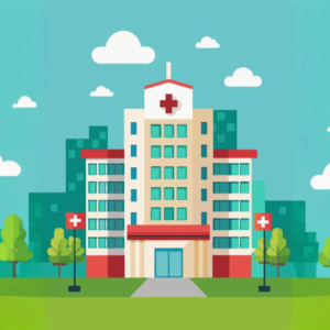 Illustration of a hospital building with red cross signs, surrounded by trees and cityscape under a blue sky with clouds.