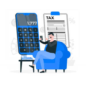 A man sitting in a blue armchair using his smartphone to calculate taxes, with a large mobile calculator displaying "1.777" and a tax document illustration in the background.