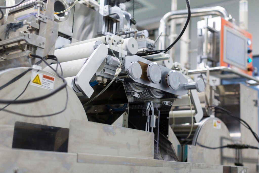 Large industrial machine with chrome shafts and a computer control panel.