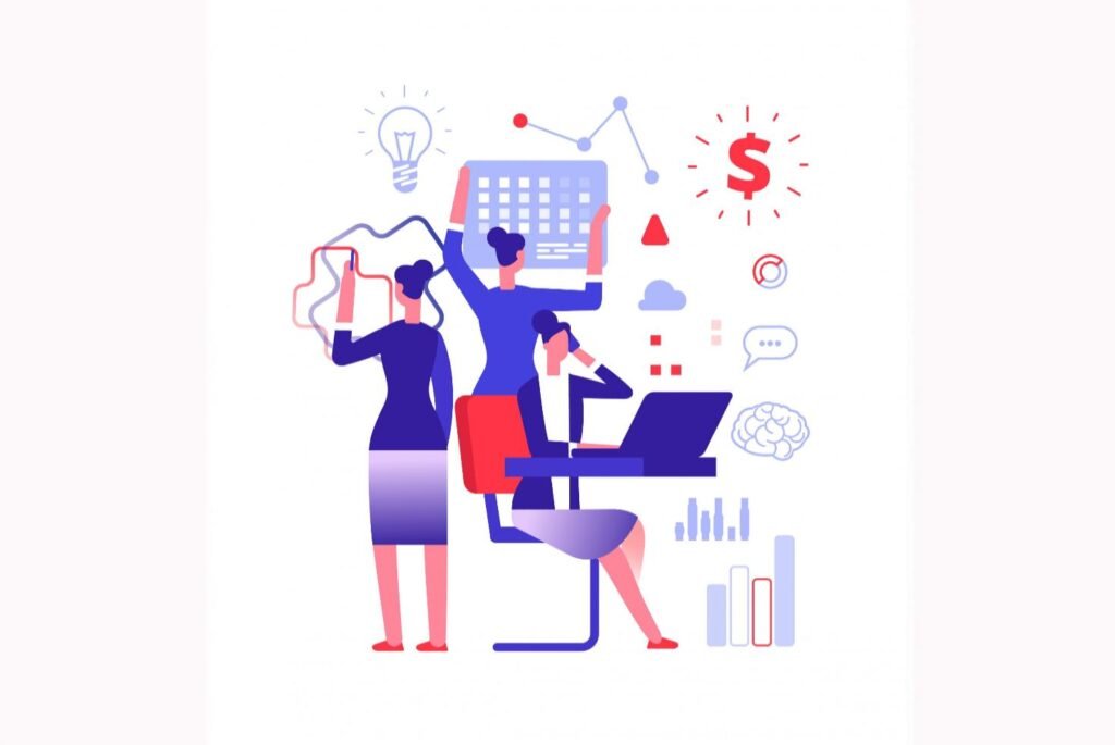 Three abstractly illustrated professionals analyzing data, working on a laptop, and holding icons like calendars, dollar signs, charts, and light bulbs, representing financial planning and strategy.