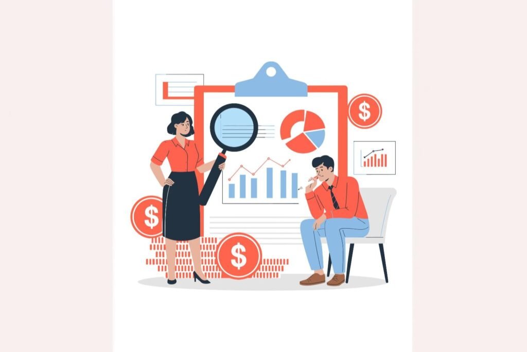 Vector illustration of a woman analyzing financial charts with a magnifying glass and a man looking stressed, surrounded by dollar signs and graphs.