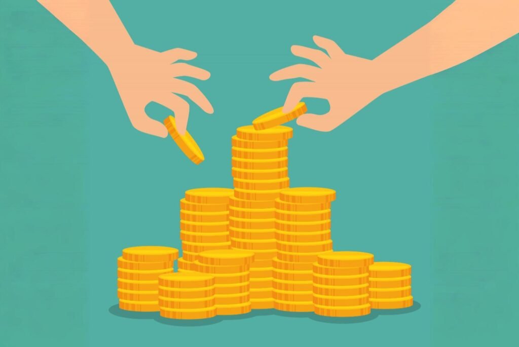 Illustration of hands stacking gold coins, symbolizing financial savings, investment, or economic growth.