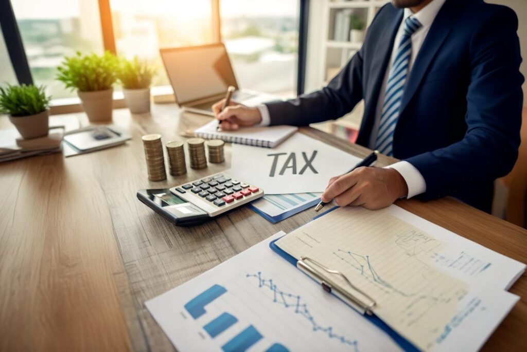 Businessman calculating taxes at a desk with documents, a calculator, stacked coins, and a paper labeled "TAX."
