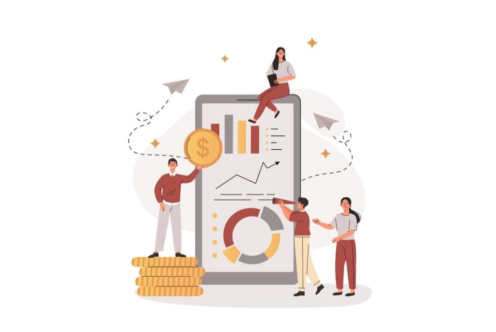 A group of people interacting with a large smartphone displaying financial graphs, charts, and a dollar sign, with one person standing on stacked coins and another sitting on top of the phone.