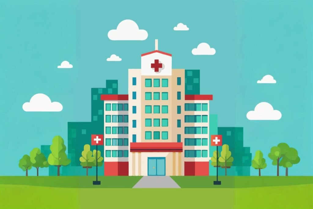 Illustration of a hospital building with red cross signs, surrounded by trees and cityscape under a blue sky with clouds.