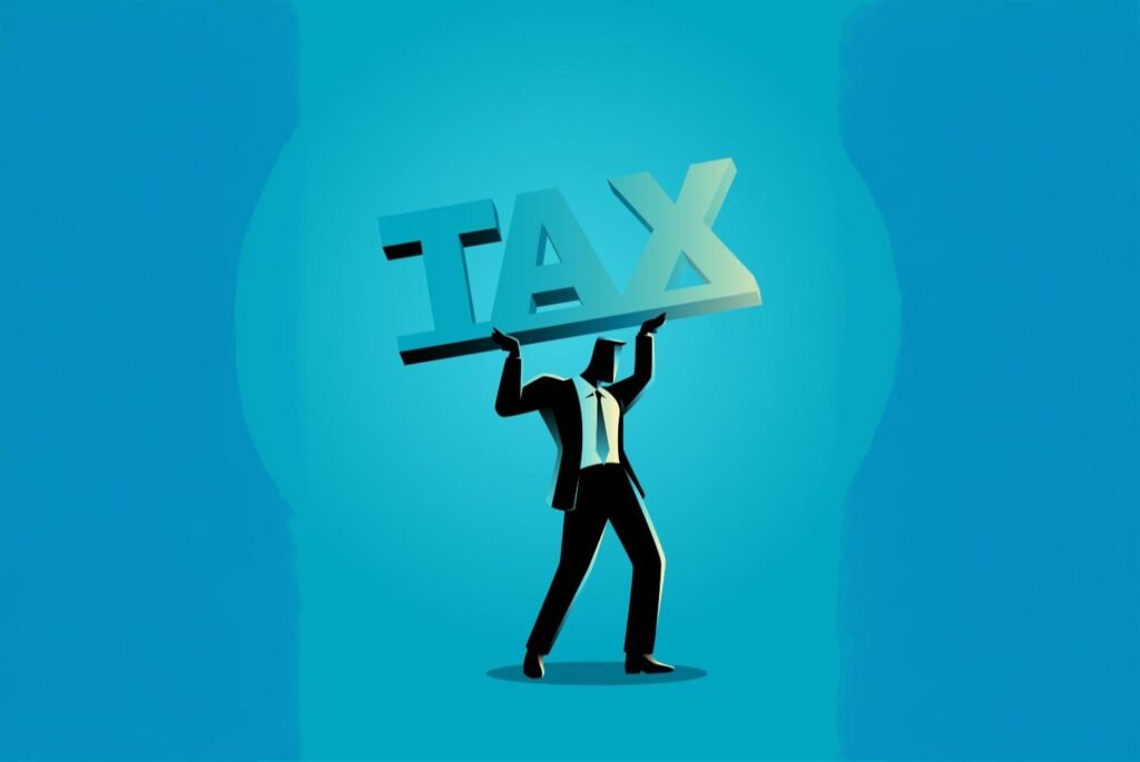 Stylized illustration of a businessperson lifting a large "TAX" text above their head, representing the burden of taxes.