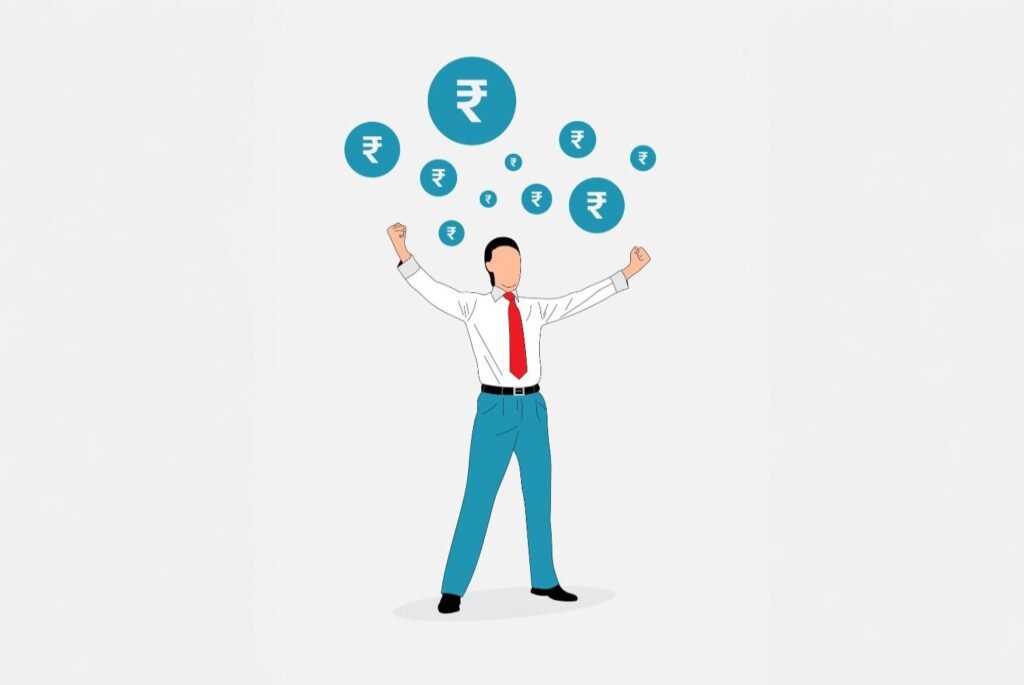Illustration of a happy businessman with raised arms, surrounded by Indian Rupee symbols, symbolizing financial success.