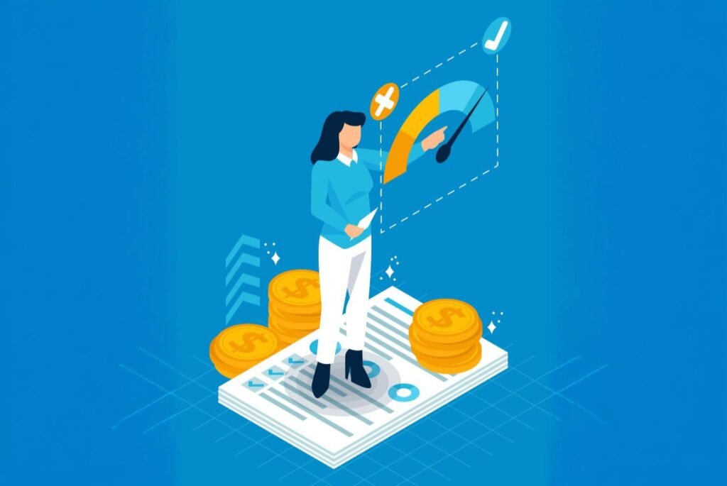 A woman standing on a document surrounded by golden coins, pointing at a credit score meter with a blue background and financial graphics.