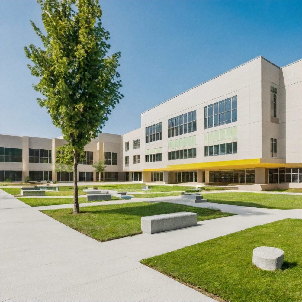 Modern,High,School,Building,Center,Quad,Area,With,Grass,And